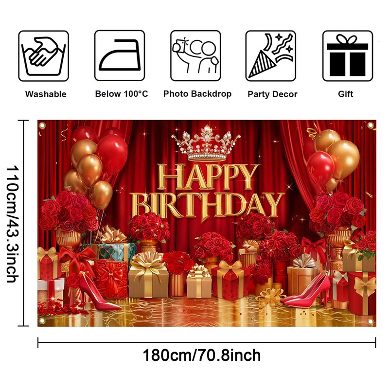 Mocsicka Red and Gold Birthday Banner(Red, 70.8 x 43.3 Inch)