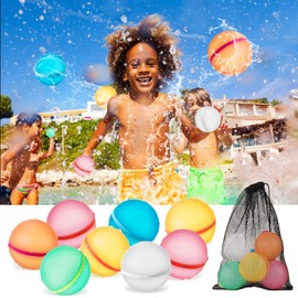 Pack of 12 Reusable Water Bombs with Mesh Bag - Magnetic Self-Closing & Quick Filling for Water Fighting and Family Activities (16)