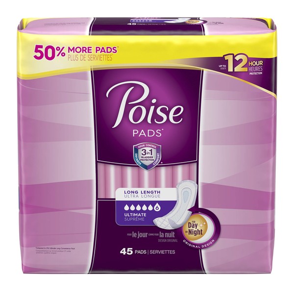 Poise Incontinence Pads, Long, 45 Count (Pack of 2)