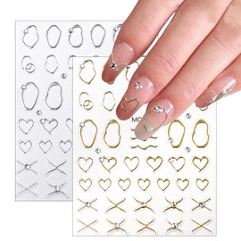 2 Sheets Irregular Bronzing Nail Art Stickers 3D Self Adhesive Gold Silver Frame Nail Stickers with French Line Rhinestone Nail Decals Circle Engraved Manicure Decals for Women Girls Nail Decorations