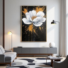 Hand Painted White and Black Floral Bedroom Oil Painting- Gold Framed Flower Living Room Wall Art- 3D Modern Artwork for Study,Kitchen Home Decoration 28x40inches