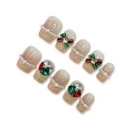 Wsliana Handmade Press On Nails Short- Cute Square Shape with 3D Charm Design, 10pcs Glue On Acrylic Fake Manicure with Storage Box (020, M)