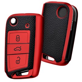 OATSBASF OATSBASF Car Key Cover for VW Golf 7 Key Box/Key Case Cover for VW, Polo, Skoda, Seat, 3 Buttons Q-Red Leather