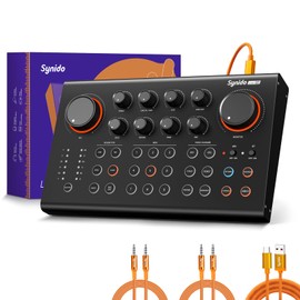 Synido Podcast Equipment Sound Card, Audio Interface Mixer with Pro-preamp, 48V Phantom, 9 Customize Sound Pads, XLR, 1/4", 1/8" Inputs for Live Streaming/Music Recording/Gaming/PC/Guitar, Black