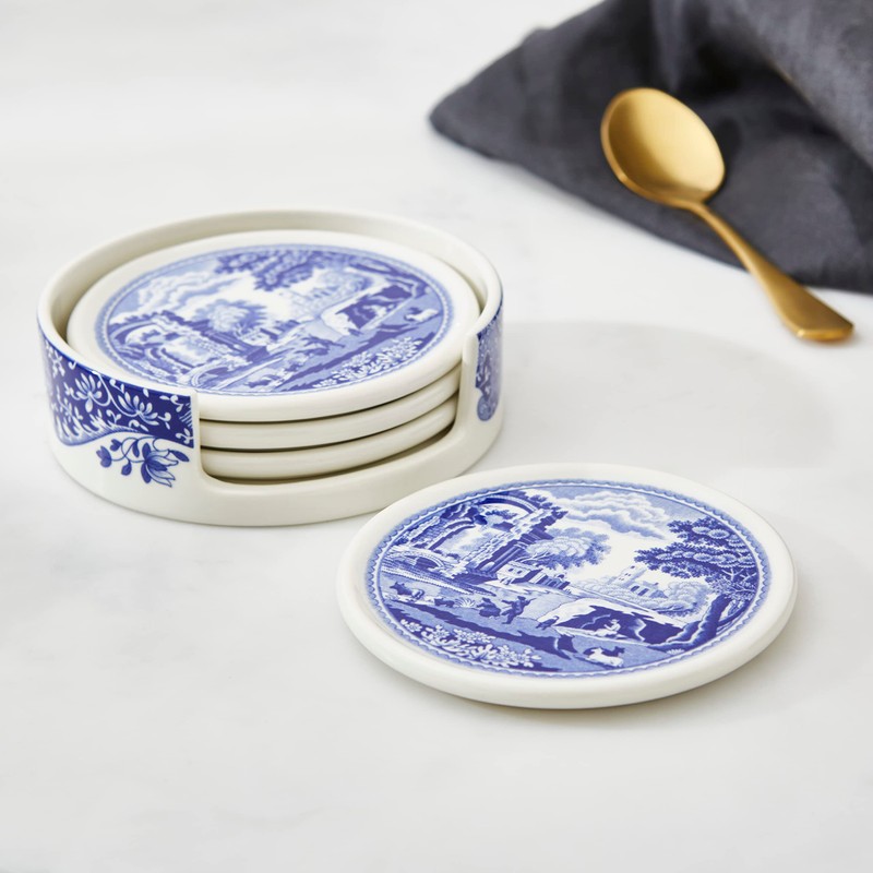 Spode Blue Italian Ceramic Coasters with Holder - Set of