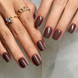 RUPOFUZA Brown Short Square Press On Nails Solid Color Short Fake Nails with Nail Glue, Artificial Nails 32Pcs Reusable Soft Gel False Nails Tips Kit,Stick On Nails for Women