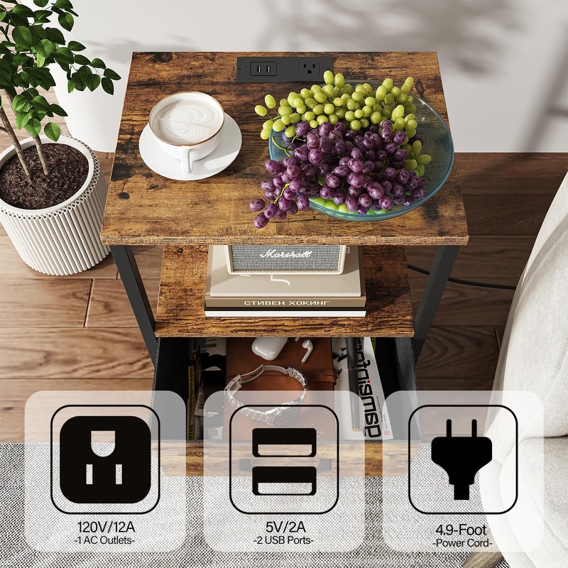 TUTOTAK End Table with Charging Station, Side Table with 2