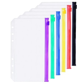 6 Pack A6 6 Holes Plastic Binder Colored Zipper Folders Waterproof Zipper Loose Leaf Bags Zip Lock Envelope for Documents Notebooks Cards (6 Color Zip Pocket, A6)