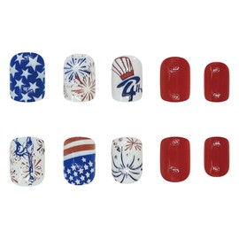 4th of July Press on Nails Short,Independence Day Fake Nails Square False Nails with American Flag & Firework Designs Patriotic Red Blue Glossy Acrylic Nails Stick on Nails for Women Girls 24Pcs