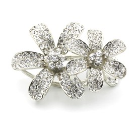 Medium Decorative Hair Clip Rhinestone Crystal Double Flowers Hair Pin Claws, White