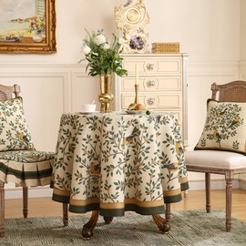 patdrea Designer Floral Linen Table Cloth Durable Breathable Tabletop Cover Dacorative Kitchen Dining Tablecloth for Round Tables for Kitchen Dining Parties,Holiday Christmas,Diameter 67"