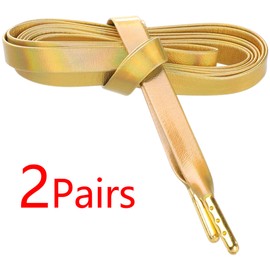 Elerevyo 2 Pairs Faux Leather Shoestrings Solid Color Flat Shoelaces with Metal Tippings for Sneakers Boots 160cm/63 Shiny Golden