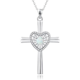 FANCIME Opal Cross Necklace For Women Sterling Silver Birthstone Necklace Heartbeat Cross Pendant Fine Jewelry Birthday Holiday Gift Valentines Day Gift For Her, 16"+2" Inch