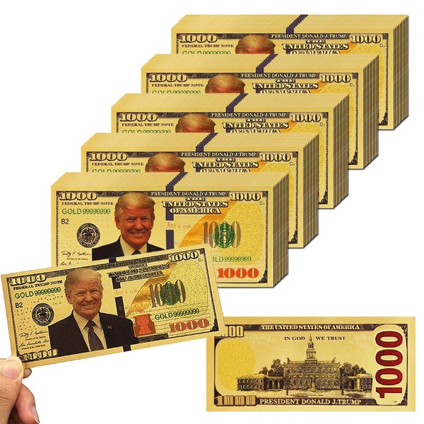 PartyYeah Trump 1000 Dollar Bill Banknote, One Thousand 24k Gold Coated Trump Legacy Limited Edition Million Dollar Bill Great Gift for Coin Currency Collectors and Republican (50 Pack)
