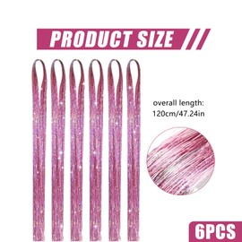 6 packs Professional Fairy Hair Tinsel Kit with Heat Resistant Glitter Strands for Women- 48 Inch Tinsel Hair Extensions for Cosplay, Parties, Festivals Hair Accessories (pink)