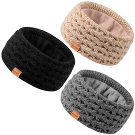 MUTKIS Winter Headbands for Women 3 Pack, Ear Warmers for Women Knit Thick Fleece Lined, Ear Muffs for Cold Weather Stocking Stuffs(Black&Beige&Dark Gray)