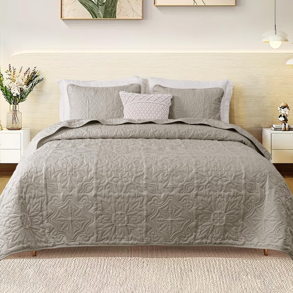 Whale Flotilla 2 Piece Twin Size Quilt Set, Soft Reversible Embossed Twin/Twin XL Quilts Bedding Set, Lightweight Bedspreads Coverlets with Boho Pattern for All Seasons, Light Grey