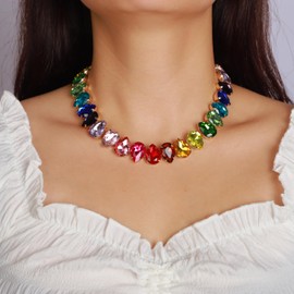 YERTTER Sparkle Colorful Full Rhinestone Choker Oval Crystal Chain Collar Stunning Boho Crystal Statement Clavicle Choker Necklace for Wedding Women (Colorful)