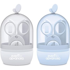 Evenflo Advanced Set de Manicure para Bebé, Kit de Cuidado de Uñas con Tijeras, Lima de Cristal, Cortaúñas y Pinzas, Estuche de Almacenamiento, Disponible en Azul y Gris