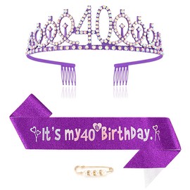 Maigendoo 40th Birthday Crown and Sash Princess Crown Queen Tiara Rhinestone Headbands Birthday Stuff Accessories Tiara and Sashes Decorations Set Girls 40 Years Old Party Supplies, Purple