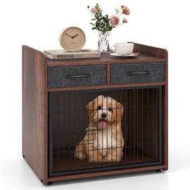 PETISITE Dog Crate Furniture, Wooden Dog Crate with Lockable Door, Adjustable Foot Pads, 2 Fabric Drawers, Indoor Dog Kennel Side Table for Small and Medium Sized Dogs, 24.5 x 19.5 x 25 inch