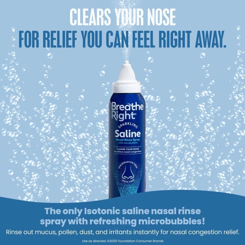 Breathe Right Sparkling Saline Nasal Rinse Spray – Effervescent, Drug-Free...