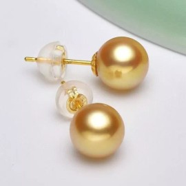 H&F South Sea Shell Pearl 8mm Stud Earrings 14K Yellow Gold Plated Over Silver