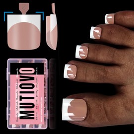 MUTIOVO French Tip Toe Nail Tips Press on, Sharp Square Pre-Designed Soft Gel False Toenail Extension, BROWN PINK Pre-applied Tip Primer & Base Coat, Full Cover Acrylic for DIY x 15 Sizes 240 pcs