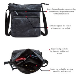 Cochoa Women Real Leather Crossbody Triple Zip Vintage Handbag Purse Travel Crossover Shoulder Bag Handmade (Navy Crazy Horse)