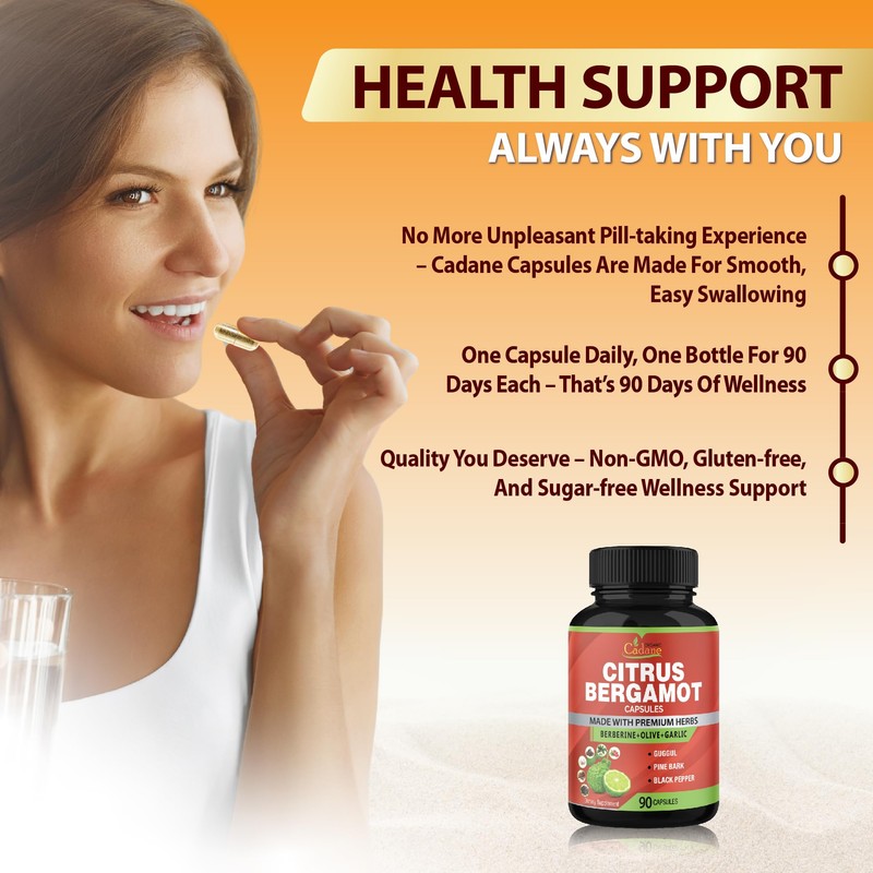 Organic Cadane Citrus Bergamot Supplement Extract Capsules, 90 Capsules &