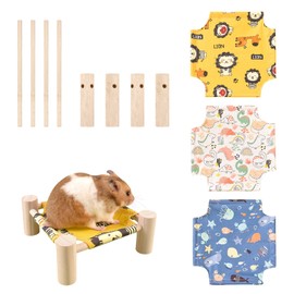 HPAWHOMEPART 3pcs Small Animal Hammock,Replaceable Canvas Elevated Wooden Rat Hammock Platform Rat Cage Accessories Cute Detachable Guinea Pig Bed Small Animal Hideout for Rat Hamster Dwarf Rabbit(M