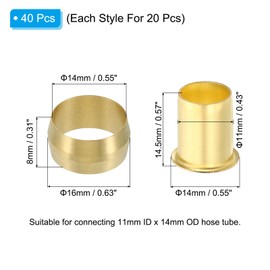 PATIKIL Brass Compression Sleeves Ferrules, 20 Pack 14mm ID x 14mm OD Hose Tube Brass Ferrule Brass Compression Insert Fitting Assortment Kit for Air Water Gas Pipe
