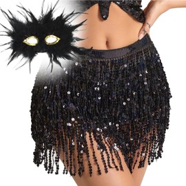 AENEY Sparkly Tassel Skirt with Masquerade Mask, Women Sequin Glitter Dance Dress with Venetian Mask for Carnival Mardi Gras Party (Black)