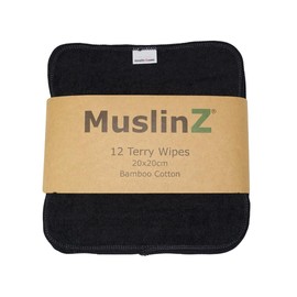 MuslinZ Frotteetücher aus Bambus-Baumwolle, 20 x 20 cm, Waschbar, wiederverwendbar, Baby-Feuchttücher (schwarz)
