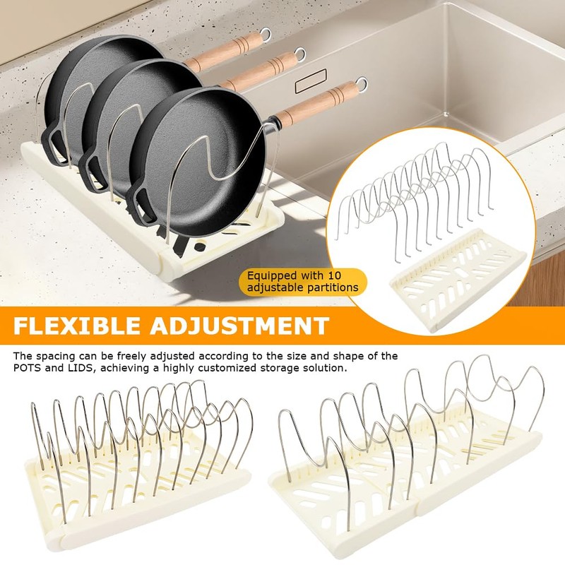 Pot and Pan Organizer Under Cabinet, Expandable Pan Organizer, White