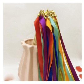 Hrlace Pack of 50 Wedding Wands Wedding Streamers with Bells Ribbon Wand Ribbon Fairy Stick Wedding Fairy Sticks Lucky Sticks Silk Fairy Stick for Weddings Birthday Party Colourful Pack of 50