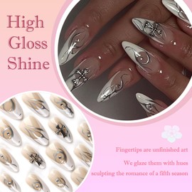 Gothic French Press On Nails 24PCS Almond Medium with 3D Cross and Punk Fire Tips, 12 Sizes ABS Material Fake Nails, Stick on Kit with Accessory Tools, Easy to Use and Reusable