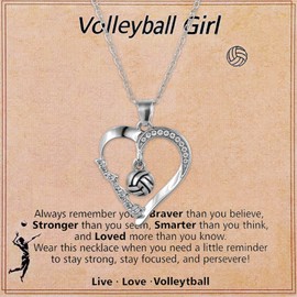 Tweruna Silver Volleyball Necklace for Women, Silver Heart Pendant Volleyball Jewelry, Crystal Rhinestone Chain for Players Coaches Fans Gifts