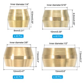 PATIKIL 80Pcs Brass Compression Sleeves Ferrules, Tube OD 1/4" 5/16" 3/8" 1/2" Compression Fittings Assortment Kit for Connecting Air, Fuel, Water, Oil and Inert Gases Lines