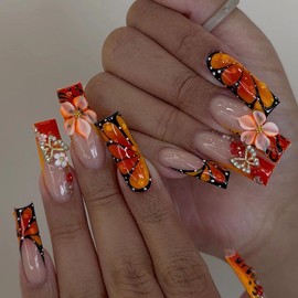 MISUD Press on Nails - Long Square Fake Nails with Fall Red Orange, Acrylic Handmade Flower Butterfly Design 24 pcs