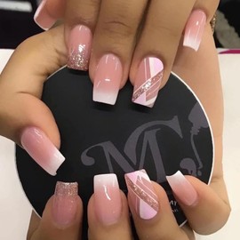 RUNRAYAY Pink Line French False Nails with Sequin Design, Gradient Press on Nails with French Tips, Long Stick on Nails, False Nails Art Kit for Women Girls