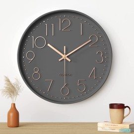 Reloj de Pared de Cuarzo silencioso,Reloj de Pared Moderno,12 Pulgadas Grandes Decorativos Silencioso Interior Reloj de Cuarzo de Cuarzo Redondo No-Ticking para Sala de Estar,la Escuela (gris)