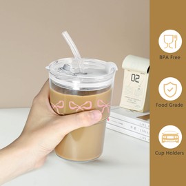 Icesip 15 oz Pink Bow Plastic Iced Coffee Cups with Lids and Straws Set of 2, Unbreakable Drinking Glasses Coquette Aesthetic Reusable Matcha Glass to Go Cup for Tea Smoothie Juice Dishwasher Safe