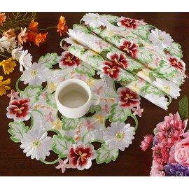 Spring Flowery Placemat 14" Set of 4 Embroiderd Cutwork Floral Flowers Fabric Dresser Scarf for Home Kitchen Dining Room Easter Holiday Tabletop Decoration (Placemat 14" Set of 4, White)