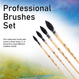 Falling in Art Natural Squirrel Hair Professional Watercolor Paint Brush, Round Pointed Paintbrush Set for Fine Details, Watercolor, Gouache Painting (4 Brushes)