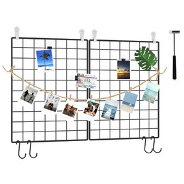 C&AHOME Photo Wall Panel, Wire Wall Grid, Wall Grid Panel, Grids Panel Set of 2, Decor Grid Panel, Photo Display Shelves, Hooks, Clips, Hemp Cord, Hammer, 15.7" × 11.8", Black UWWGM3402B