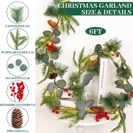 [Timer] 6 Ft Pre-lit Christmas Garland with 20 LED Lights, Canyon Pine Eucalyptus PE Pine, Red Berries & Pinecones, Battery Operated Lighted Christmas Garland for Mantel Table Stairs Holiday Decor