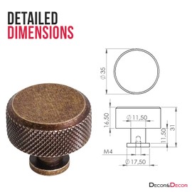 Decoranddecor Amelia Knurled 35mm Round Kitchen Cabinet Furniture Knobs Aluminium Antique Copper