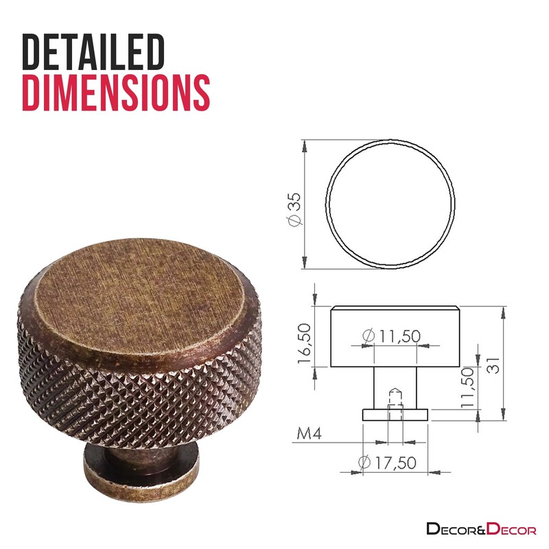 Decoranddecor Amelia Knurled 35mm Round Kitchen Cabinet Furniture Knobs Aluminium