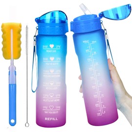 32 oz Leakproof Water Bottle with Time Marker & Straw lid to Ensure You Drink Enough Water Throughout The Day for Fitness and Outdoor Enthusiasts, BPA Free, with Straw Brush (Green Purple)